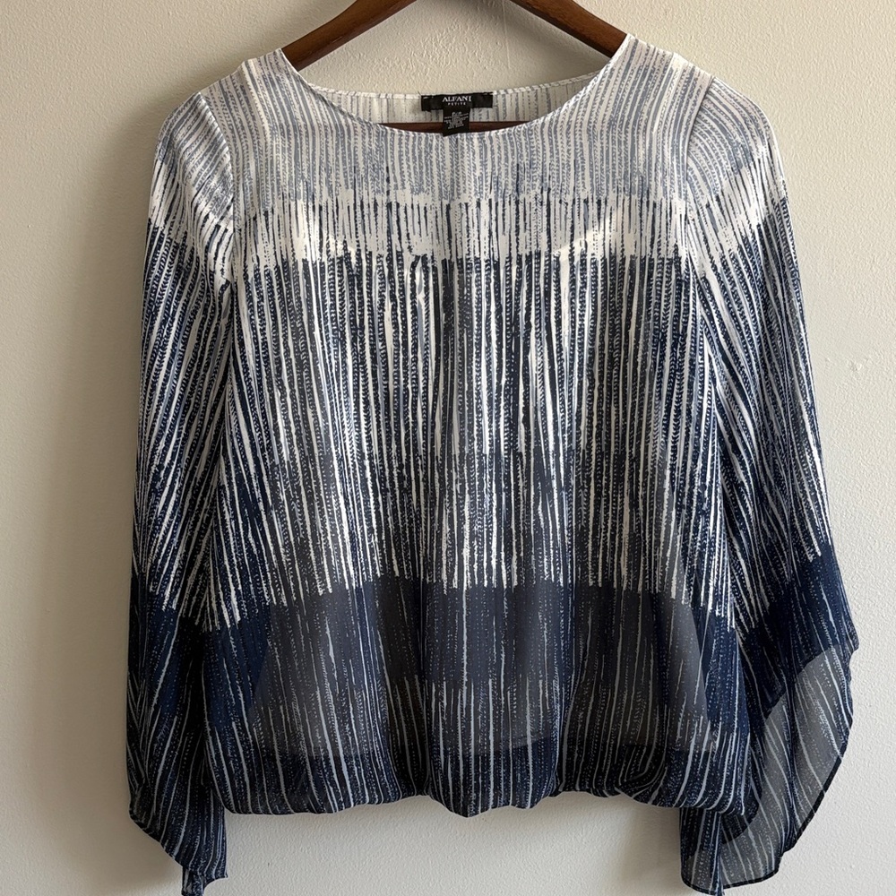 Alfani Petite Sheer Navy White Stripe Blouse P/S Flowing Top
